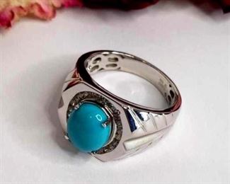 Men's Turquoise and White Zircon .925 Silver Ring