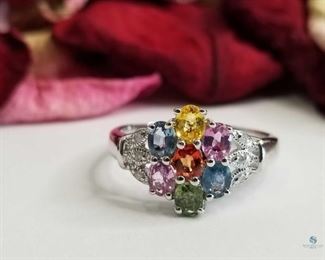 .925 Silver Treated Multi Colored Sapphires and Diamond Ring