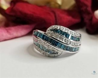 Blue Diamond and White Diamond Swirl .925 Silver Ring