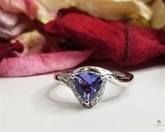 .925 Silver Trillion Cut Tanzanite and Diamond Ring