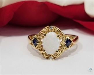 14K Yellow Gold Vintage Style Australian Opal and Blue Topaz Ring