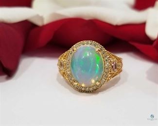 18K Yellow Gold Ethiopian Opal and Diamond Ring