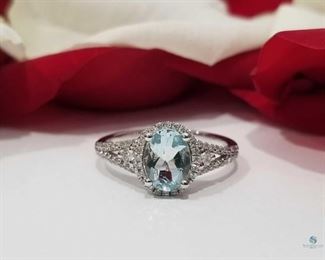 Oval Cut Aquamarine and Diamond 14K White Gold Ring