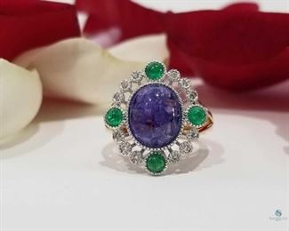 14K Yellow Gold Victorian Style Tanzanite and Emerald Ring