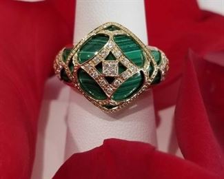 14K Yellow Gold Malakite and Diamond Ring