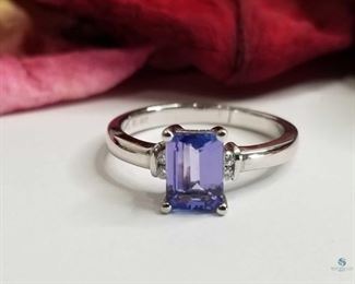Emerald Cut Tanzanite and Diamond .925 Silver Ring