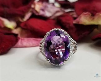 Lovely Large Amethyst and Diamond .925 Silver Ring