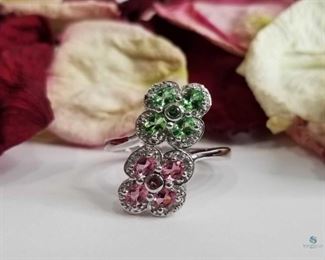 Tsavorite Garnet and Pink Diamond .925 Silver Flower Style Ring