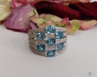 .925 Silver Blue Zircon and White Zircon Ring
