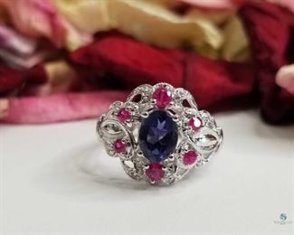 Vintage Style .925 Silver Iolite and Rhodolite Ring