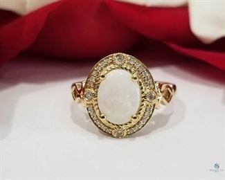 Australian Opal and Diamond 14K Yellow Gold Vintage Style Ring