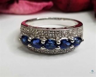 .925 Silver Blue Sapphire and White Sapphire Ring