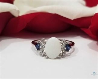 Australian Opal and Blue Topaz in 14K White Gold Delicate Vintage Style Ring