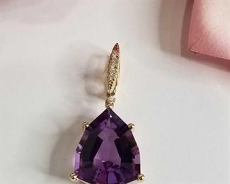 Kite Cut Amethyst and Diamond 14K Yellow Gold Pendant