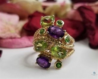 Whimsical Amethyst and Peridot .925 Silver Ring