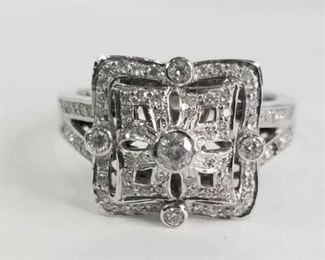 Square Vintage Style Brilliant Cut Diamond 18K White Gold Ring