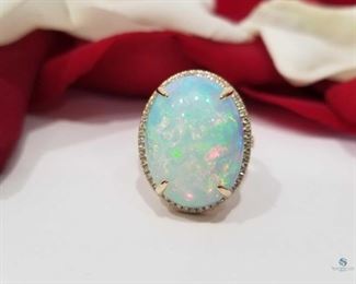 Large Ethiopian Opal and Diamond 18K Yellow Gold Ring