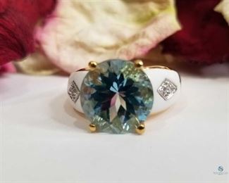 .925 Silver Wide Band Blue Topaz, White Agate and Diamond Ring