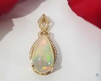 14K Yellow Gold Large Pear Shaped Ethiopian Opal and Diamond Pendant