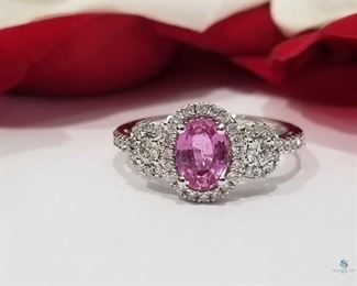 Vintage Style Pink Sapphire and Diamond 14K White Gold Ring