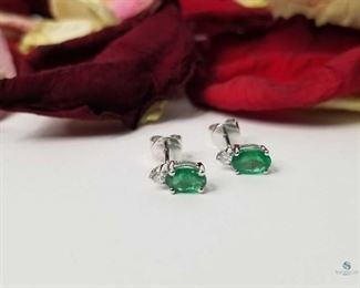 14K White Gold Oval Shaped Emerald and Diamond Earrings