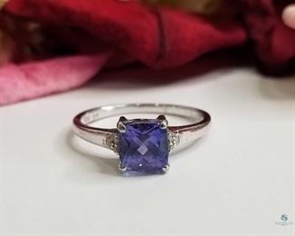 .925 Silver Princess Cut Tanzanite and Diamond Ring