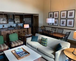 Sofa $599 (Dimensions 83 3/4" Long) , Accent Chairs $199 Each, Stone Coffee Table (42" x 54" ) $299 As is