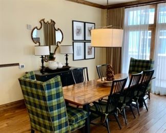 Large Dining Room Table $699 Each, Black Dining Chair with Arms $99 Each, Fabric Plaid Dining Chair $199 Each, Buffet Cabinet $599