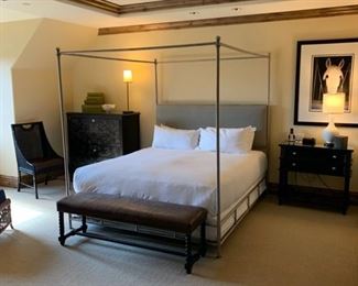King Four Poster Canopy Bed $399 (mattress not included), Bedside Table with Drawers $199, Chest with fold out Desk $599 Accent Chairs $299 Each