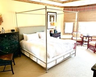 King 4 Poster Canopy Bed $399, Chest with fold out desk $599 (Dimensions 48 3/16" H x 45 1/2" W x 22 3/8" D) , Bedside Table $399, Set of 2 accent chairs $199 each, Round side table $199