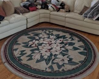 Large White/Sectional Couch, Round Area Rug- White Flowers/Green
