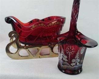 Vintage Red Glass sleigh and basket