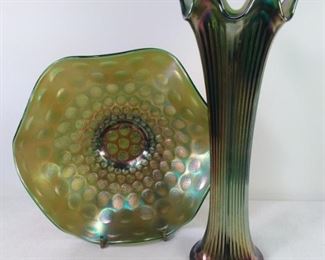 Carnival Glass Green Dot Dish and fine ribbed vase