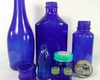 vintatge blue glass medicine bottles