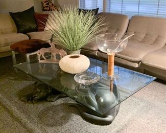 LOT #102 - $500 - Vintage Mod Black Panther Cocktail Table with Glass Top (panther is hard plastic/resin/fiberglass, glass top approx. 60" L x 36" W x 14.25" H)