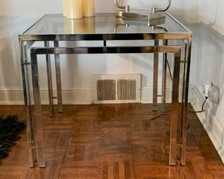 LOT #106 - $295 - Vintage Chrome & Smoky Glass Square End Table (approx. 25.5" L x 25.5" W x 22" H, matches console table)