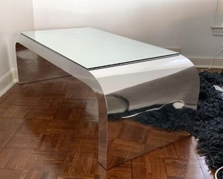 LOT #108 - $350 - Vintage Waterfall Cocktail / Coffee Table with Glass (approx. 50" L x 22" W x 16" H)