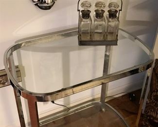 LOT #116 - $200 - Vintage Chrome & Glass Bar Cart / Server (approx. 32" L x 20.5" W x 32.5" H) - Decanters NOT included.