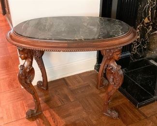 LOT #117 - $300 - Antique / Vintage Carved Wood Table with Marble Top (approx. 27" L x 18" W x 19.75" H)