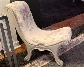 LOT #137 - $100 - Small Vintage Floral Upholstered Vanity Chair, Light Gray Paint 