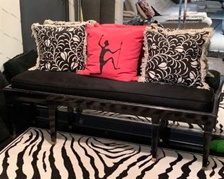 Vintage Black Bench with Cushion, Throw Pillows (Not available for online purchase.  If interested in buying pre-sale, TEXT us at 312-320-9769)