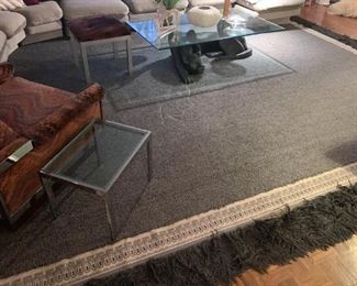 Large Vintage Gray Area Rug with Needlepoint & Shag Border (Not available for online purchase.  If interested in buying pre-sale, TEXT us at 312-320-9769)