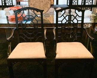 Set of 8 Vintage Black Dining Chairs with Upholstered Seats, 2 Captain's Chairs & 4 Side Chairs (Not available for online purchase.  If interested in buying pre-sale, TEXT us at 312-320-9769)