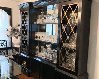 Vintage Black China / Display Cabinet with Mirror Backing, Glass Shelves & Brass Details - Approx. 90" L x 14.5" W x 84.5" H (Not available for online purchase.  If interested in buying pre-sale, TEXT us at 312-320-9769)