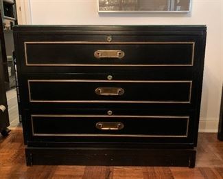 Set of 2 Vintage Black 3-Drawer Chests with Brass Details - Each is approx. 36" L x 18.25" W x 29" H (Not available for online purchase.  If interested in buying pre-sale, TEXT us at 312-320-9769)