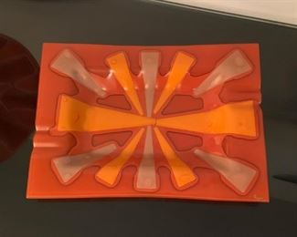 LOT #142 - $150 - Mid Century Higgins Art Glass Orange Mandarin Ashtray / Dish (approx. 14" L x 10" W)