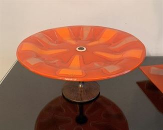 LOT #143 - $200 - Mid Century Higgins Art Glass Orange Mandarin Pedestal Dish (approx. 12.25" Dia x 5.75" H) 