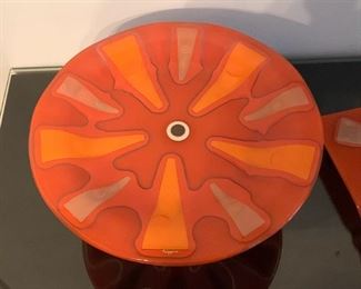 LOT #143 - $200 - Mid Century Higgins Art Glass Orange Mandarin Pedestal Dish (approx. 12.25" Dia x 5.75" H) 