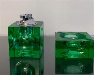 LOT #147 - $45 - Vintage Emerald Glass Cube Table Lighter & Ashtray