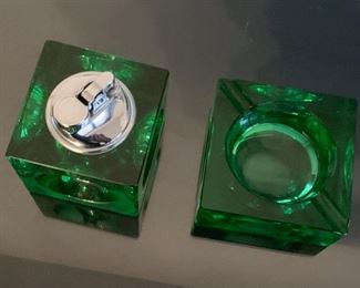 LOT #147 - $45 - Vintage Emerald Glass Cube Table Lighter & Ashtray